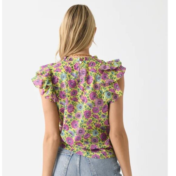 BANJANAN Women's Klara Top Floral Ruffle SIze XS Purple Yellow Daisy Print - Picture 2 of 15